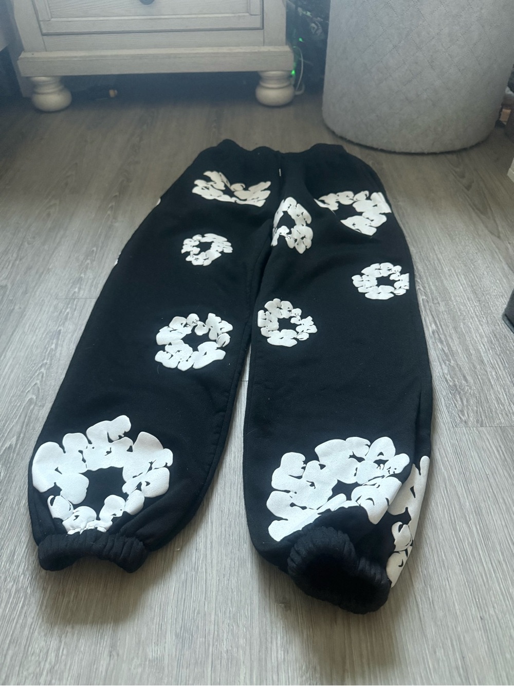 Black Kids Joggers with White Floral Ring Prints